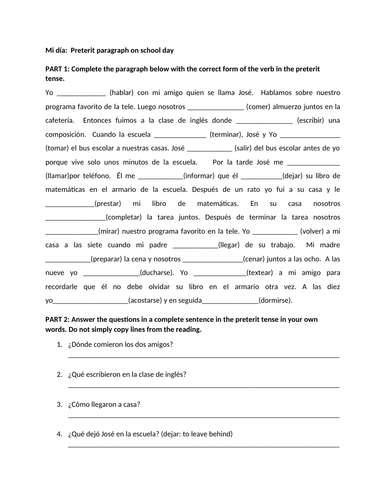 Preterite paragraph regular verbs | Teaching Resources