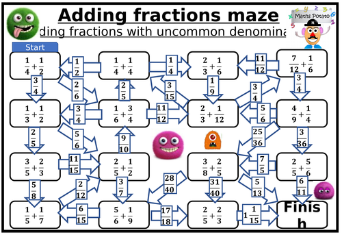 adding and subtracting fraction maze proper fractions