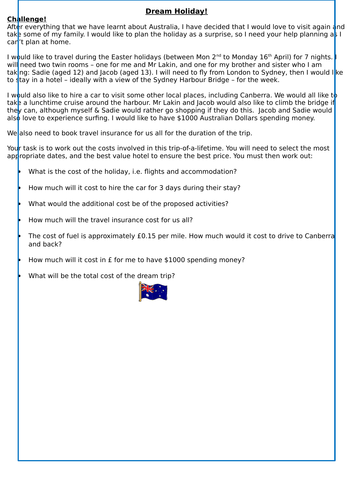 Australia Holiday planning maths challenge