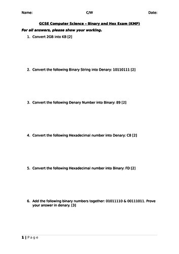 GCSE Computer Science Binary Test