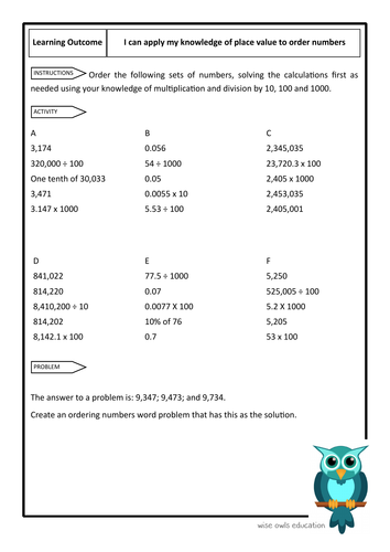 Order numbers using place value multiplication/division 10 100 1000 (worksheet)