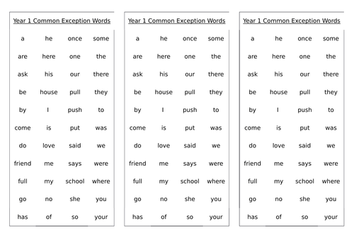 Common Exception Words Year 1 and Year 2
