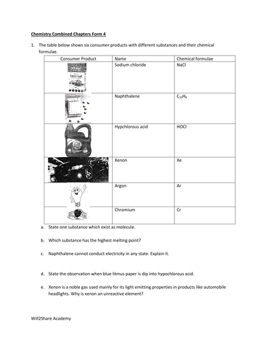 Chemistry Year 10 Assessment Sheet (40+ Questions)