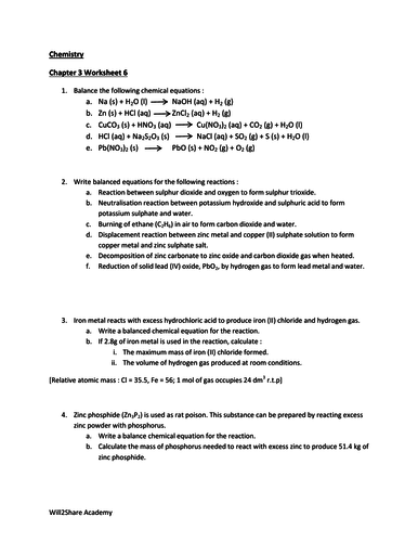 Empirical & Molecular Formula, Balancing Equations, Moles, Volume, Mass Worksheets (47Questions)