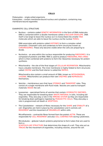 AS Biology - Eukaryotic Cells Gap Fill Worksheet