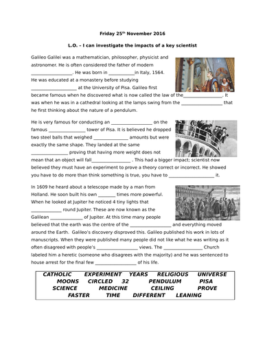 Galileo - 3 way differentiated worksheet