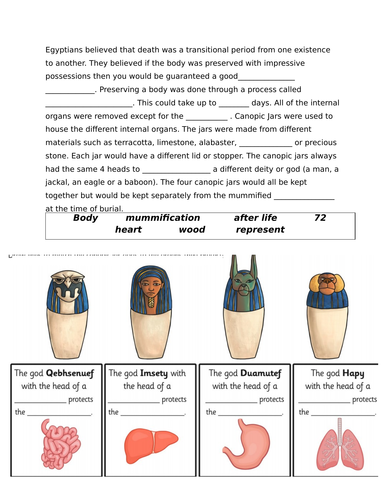 Ancient Egypt Canopic Jars - Differentiated worksheets linked to Youtube Video