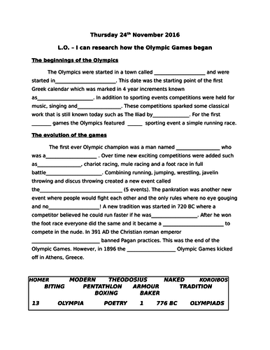 Ancient Greece and The Olympic Games - 3 way differentiated worksheets including answers!