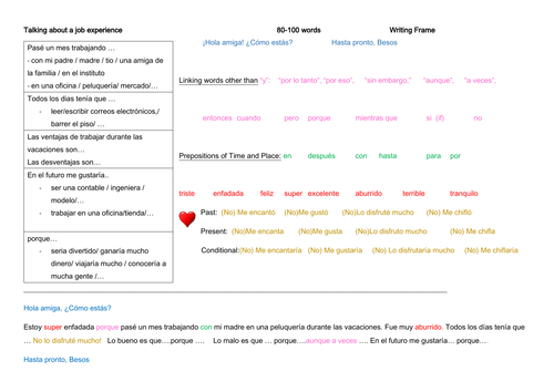 Writing frame: GCSE Spanish - Work experience