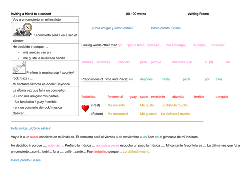 Writing frame: GCSE Spanish - inviting a friend to a concert