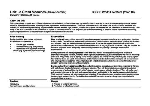 Full unit plan: Le Grand Meaulnes