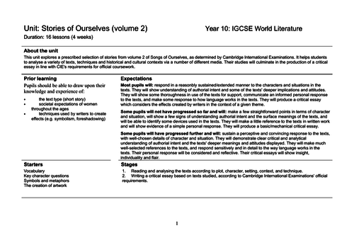 Full unit plan: Stories of Ourselves (Cambridge IGCSE)