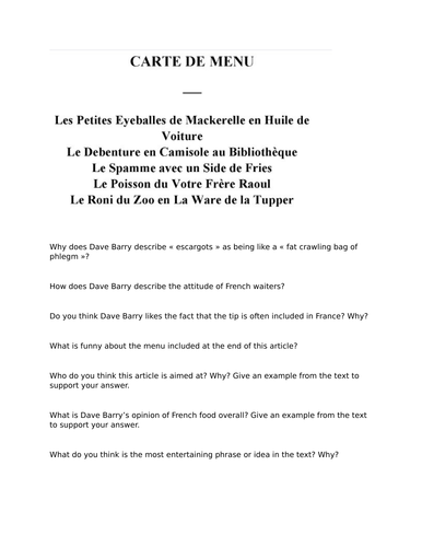 'France' (by Dave Barry) with comprehension questions