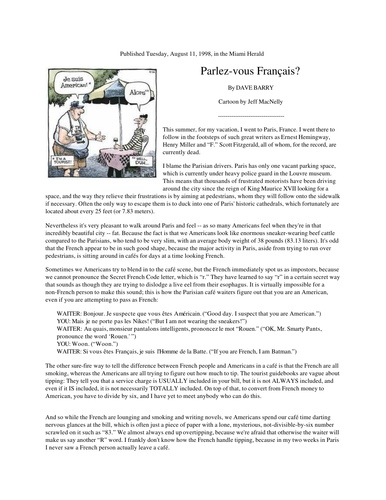 'Parlez-vous français?' (by Dave Barry) + comprehension questions