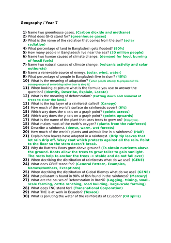 year 7 climate change revision questions teaching resources