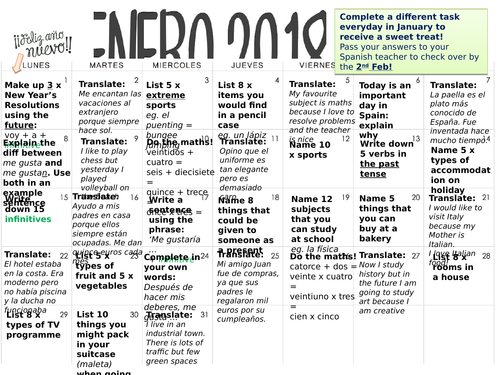 One-activity-a-day revision calendar - SPANISH
