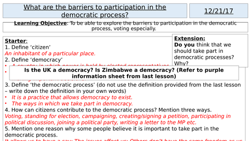 Citizenship GCSE - The Barriers to Democractic Participation