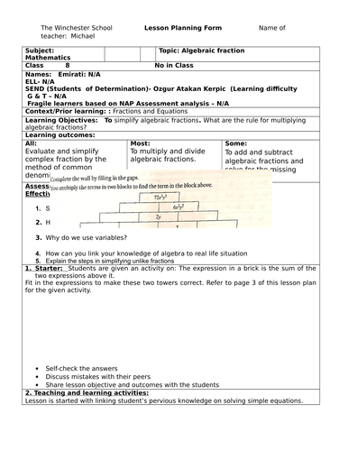 Personalised Lesson plans for school inspection