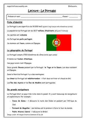 Reading comprenhension worksheet "Le Portugal"