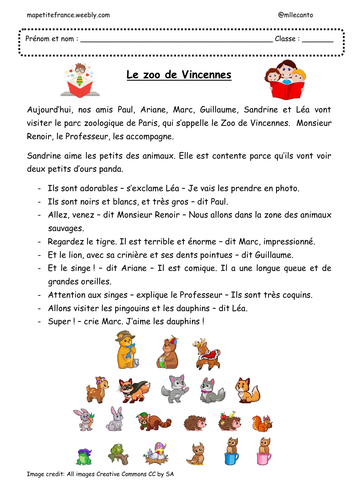 Reading comprehension worksheet Le zoo de Vincennes