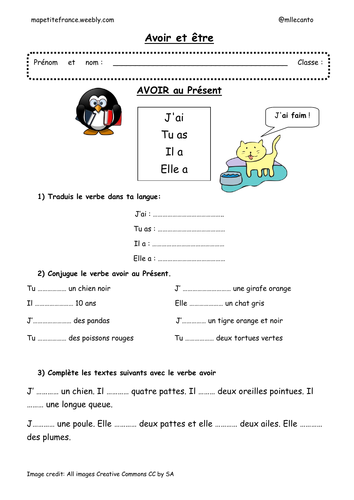Printable French Verbs Etre And Avoir Worksheets