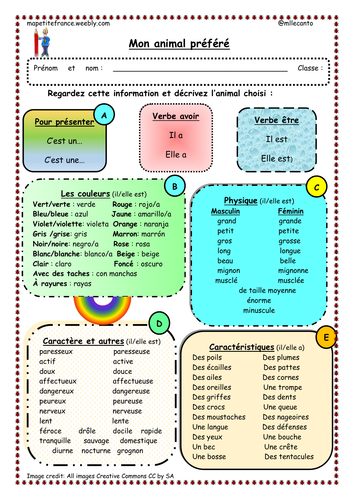 Writing activity about "Mon animal préféré"