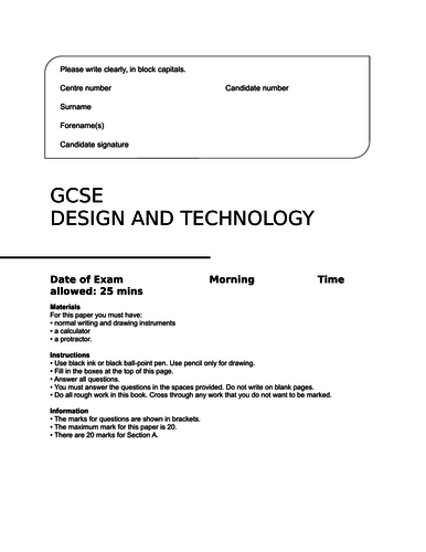 AQA GCSE Design and Technology (new specification 2017) practice exam paper section A