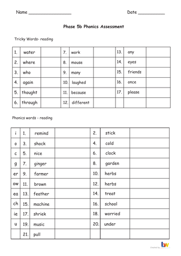 Phonics Phase 5b Assessment sheets