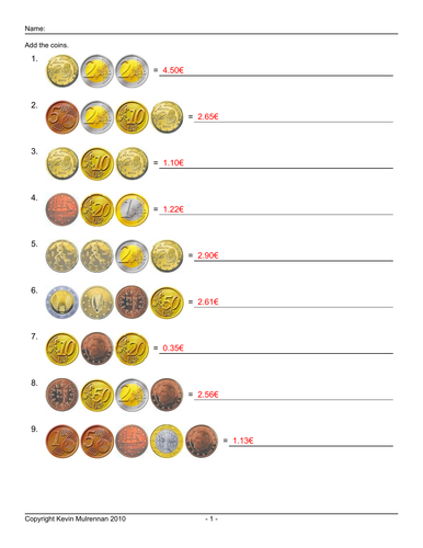 euro coins european worksheets 500 questions with answers