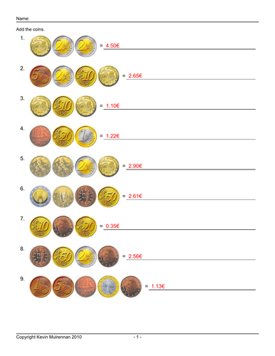 Euro Coins European Worksheets 500 Questions with answers Counting KS1 KS2