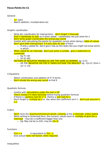 Key revision points for C1 Core Maths (AS)