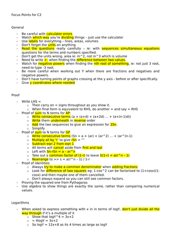 Key revision points for C2 Core A-Level Maths