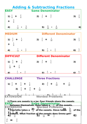 Adding & Subtracting Fractions - Differentiated