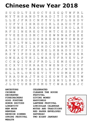 Chinese New Year 2018 Word Search