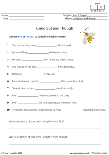 English Worksheet - Using But and Though