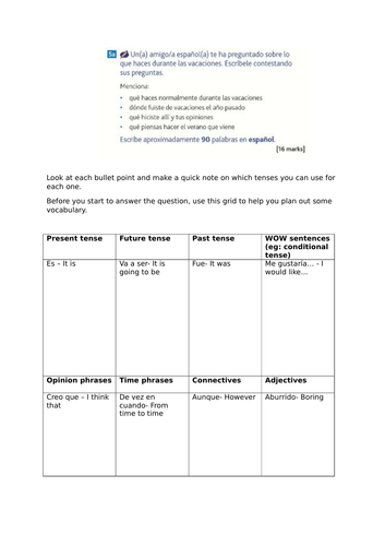 Spanish GCSE AQA Foundation style question with support