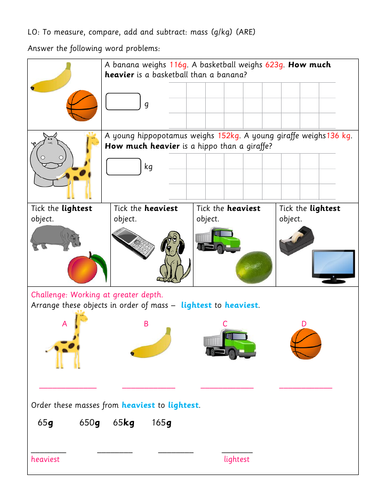 Year 3 - differentiated worksheets - Mass
