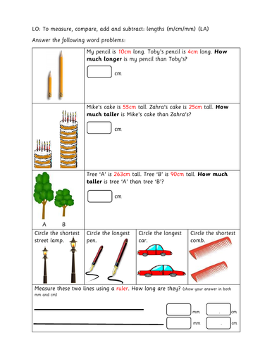 year 3 differentiated worksheets length teaching resources