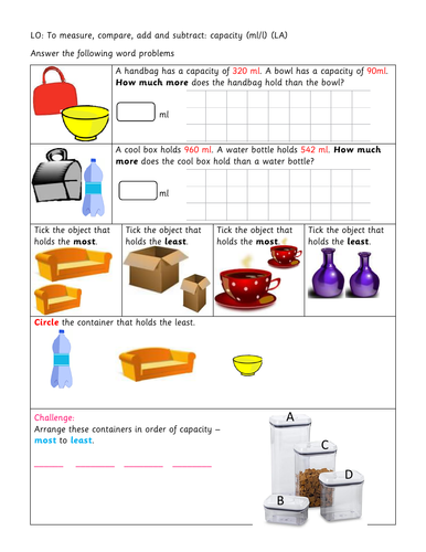 year 3 differentiated worksheets capacity teaching resources