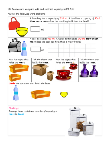 year 3 differentiated worksheets capacity teaching