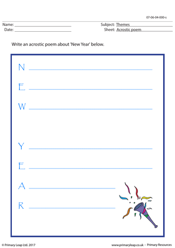 New Year Worksheet - Acrostic Poem