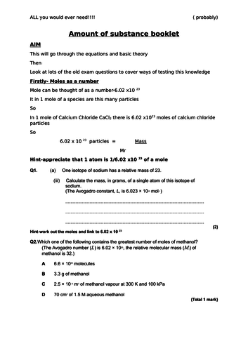 A level Chemistry - FULL Amount of substance booklet with theory, examples and specific questions