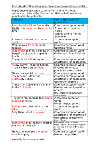 20 simple sentences to be dictated to pupils by the teacher - years 3 ...