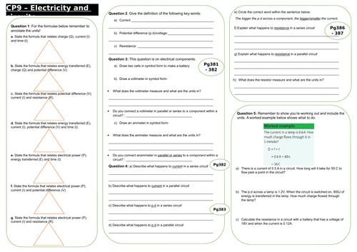 9-1 Edexcel cp9 Electricity and Circuits revision mat