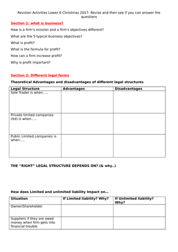 Fill in the Blanks Revision Workbook/Questions: 1st Term of Lower 6 AQA Business A level