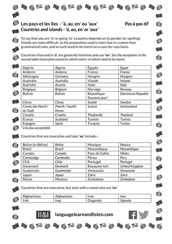 Les pays et les îles - 'à, au, en' ou 'aux' (Countries and islands)