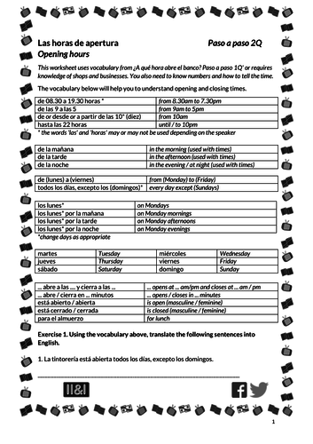 Las horas de apertura (Opening hours)