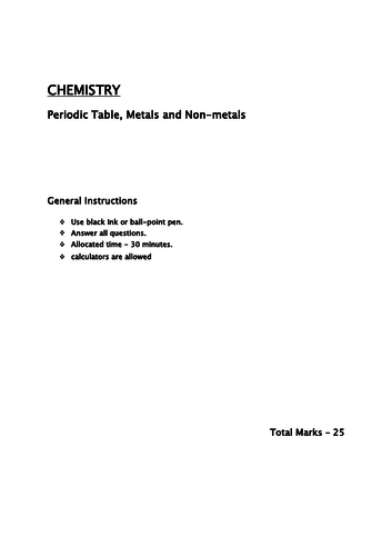 Periodic table, Metals and Nonmetals year 7/8/9
