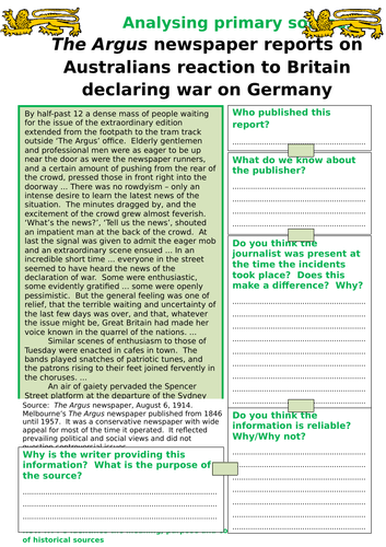 3 Primary Source Analyses: Australia in World War I