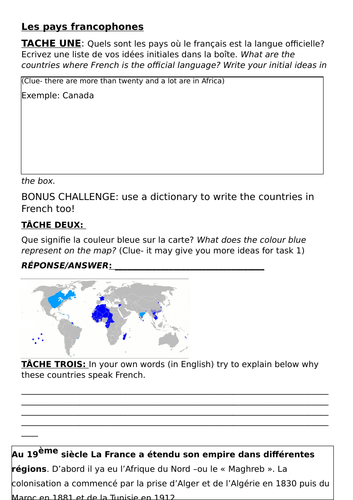 Les pays francophones et l'Algerie worksheet